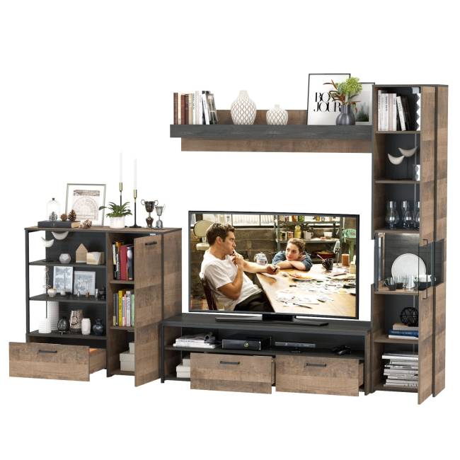 Стенка в гостиную с подсветкой серии Трувор № 21 цвет дуб гранж песочный/интра