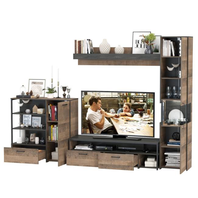 Стенка в гостиную с подсветкой серии Трувор № 21 цвет дуб гранж песочный/интра