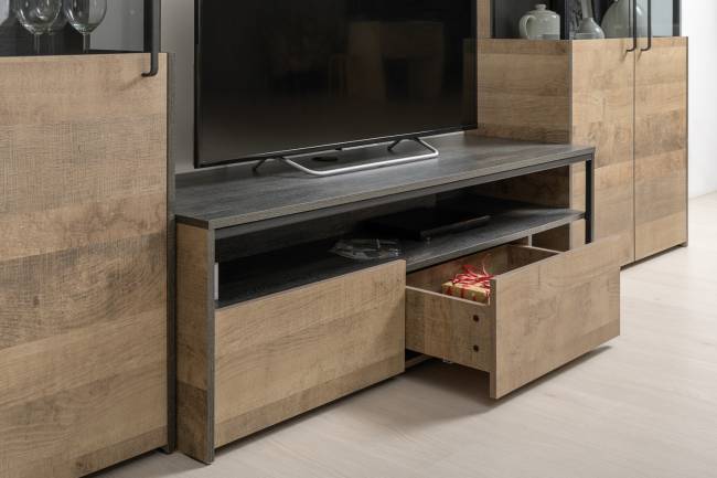 Стенка в гостиную с подсветкой серии Трувор № 21 цвет дуб гранж песочный/интра