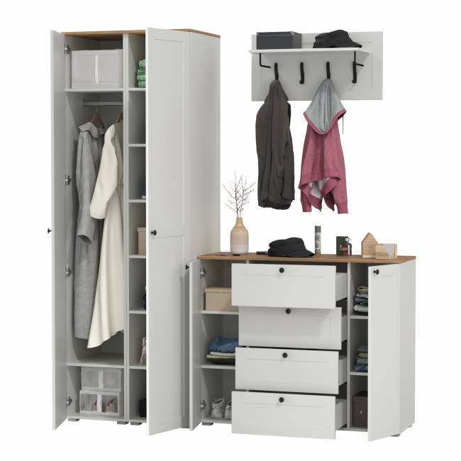 Большой комод две дверки четыре ящика с вешалкой с полкой и два шкаф-пенала Остин цвет белый шагрень/дуб крафт золотой