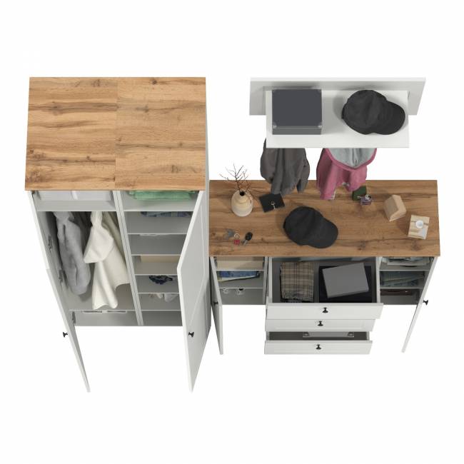 Большой комод две дверки четыре ящика с вешалкой с полкой и два шкаф-пенала Остин цвет белый шагрень/дуб крафт золотой