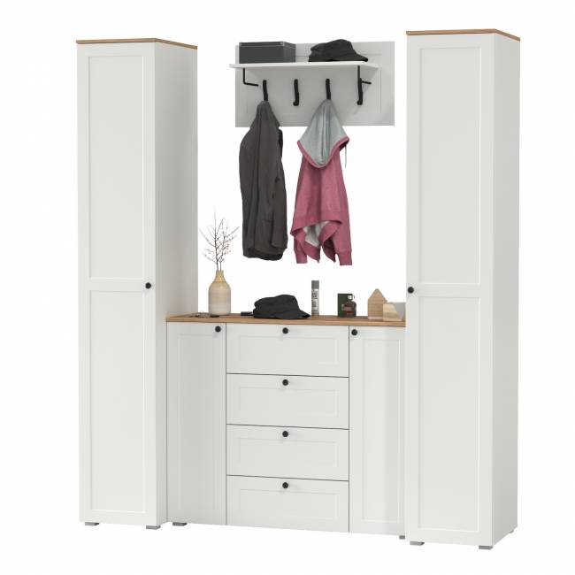 Большой комод две дверки четыре ящика с вешалкой с полкой и два шкаф-пенала Остин цвет белый шагрень/дуб крафт золотой