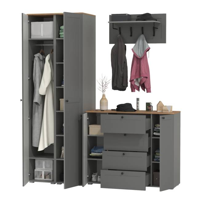 Большой комод две дверки четыре ящика с вешалкой с полкой и два шкаф-пенала Остин цвет серый графит/дуб крафт золотой