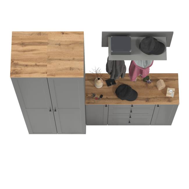 Большой комод две дверки четыре ящика с вешалкой с полкой и два шкаф-пенала Остин цвет серый графит/дуб крафт золотой