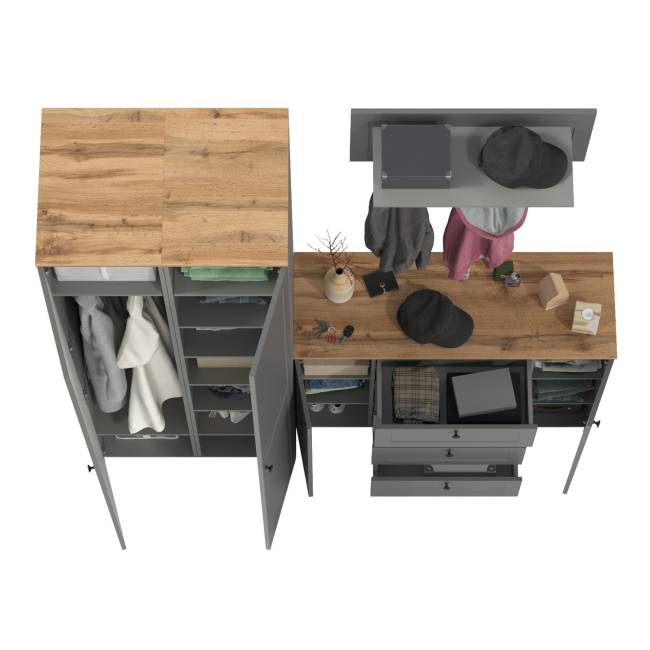 Большой комод две дверки четыре ящика с вешалкой с полкой и два шкаф-пенала Остин цвет серый графит/дуб крафт золотой