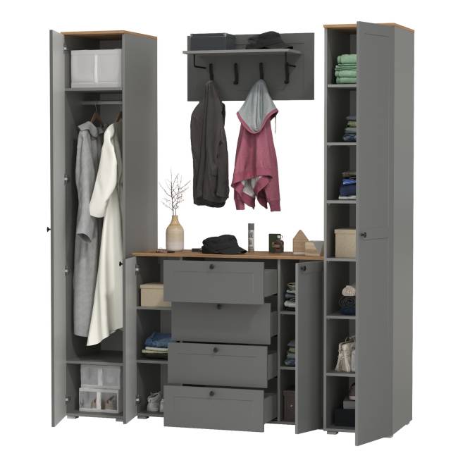 Большой комод две дверки четыре ящика с вешалкой с полкой и два шкаф-пенала Остин цвет серый графит/дуб крафт золотой