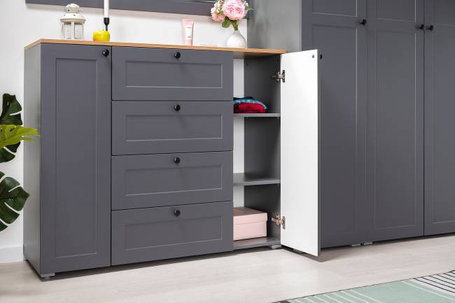 Большой комод две дверки четыре ящика с вешалкой с полкой и два шкаф-пенала Остин цвет серый графит/дуб крафт золотой