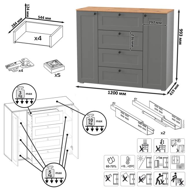Большой комод две дверки четыре ящика с вешалкой с полкой и два шкаф-пенала Остин цвет серый графит/дуб крафт золотой