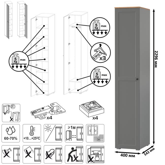 Большой комод две дверки четыре ящика с вешалкой с полкой и два шкаф-пенала Остин цвет серый графит/дуб крафт золотой
