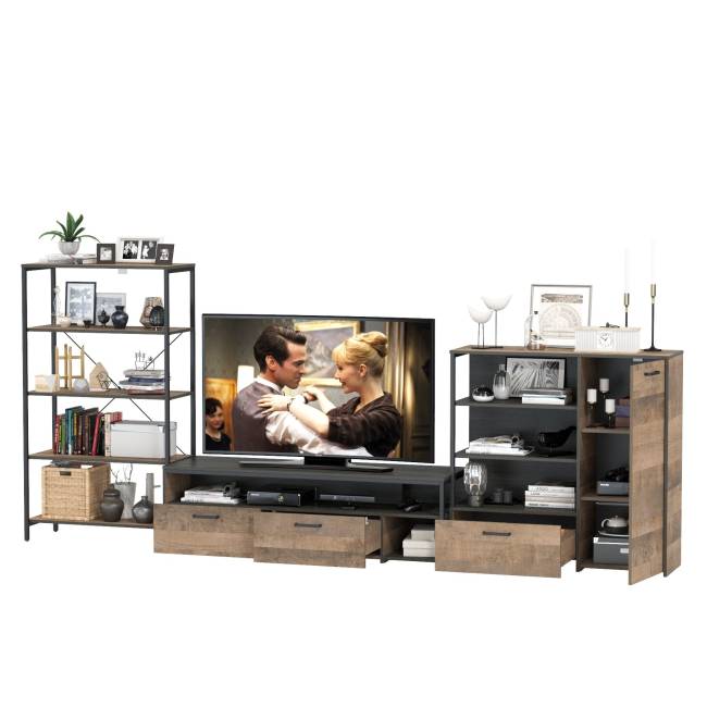 Комод с дверкой и ящиком с ТВ-тумбой для гостиной Трувор и открытый стеллаж с полками цвет дуб гранж песочный/интра