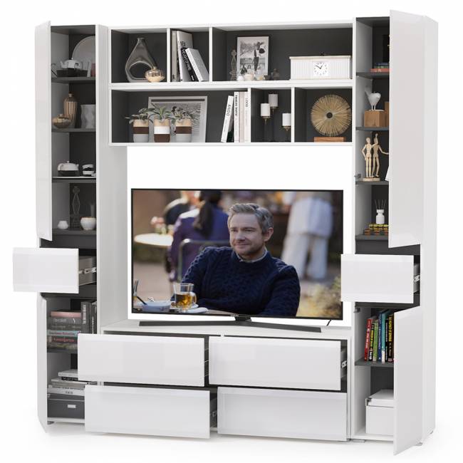 Сидней стенка для гостиной Комплектация № 40 цвет белый/чёрный/фасады МДФ белый глянец Сидней стенка для гостиной Комплектация № 40 цвет белый/чёрный/фасады МДФ белый глянец