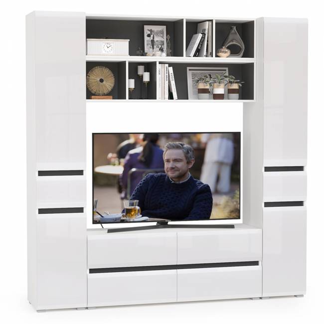 Сидней стенка для гостиной Комплектация № 40 цвет белый/чёрный/фасады МДФ белый глянец Сидней стенка для гостиной Комплектация № 40 цвет белый/чёрный/фасады МДФ белый глянец