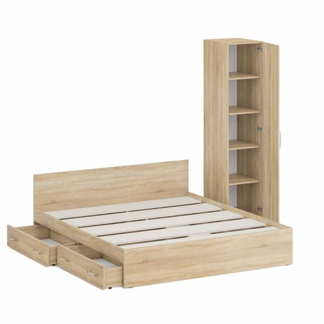 Двуспальная кровать с ящиками 1800 с пеналом Стандарт цвет дуб сонома