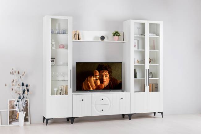 Стенка для гостиной с сервантом Валенсия № 60 цвет белый шагрень