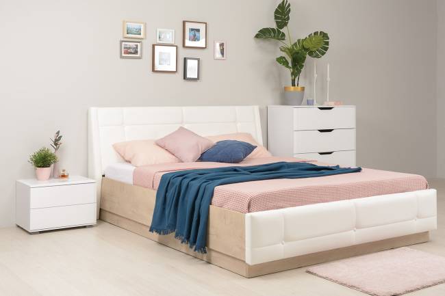 Кровать Муссон с подъёмным ортопедическим основанием цвет дуб эндгрейн элегантный/искусственная кожа белая