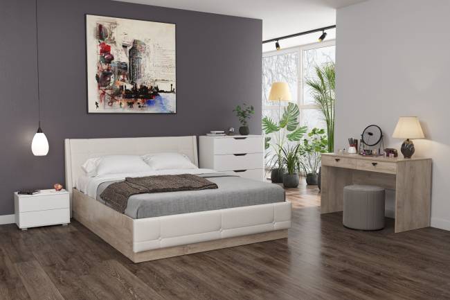 Кровать Муссон с подъёмным ортопедическим основанием цвет дуб эндгрейн элегантный/искусственная кожа белая