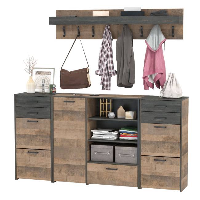 Две вешалки для одежды с полкой с двумя тумбами для обуви и комодом-тумбой с дверкой Трувор цвет дуб гранж песочный/интра Две вешалки для одежды с полкой с двумя тумбами для обуви и комодом-тумбой с дверкой Трувор цвет дуб гранж песочный/интра