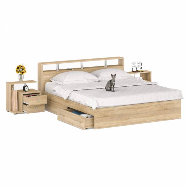 Кровать с ящиками 1800 Камелия + две тумбы цвет дуб сонома