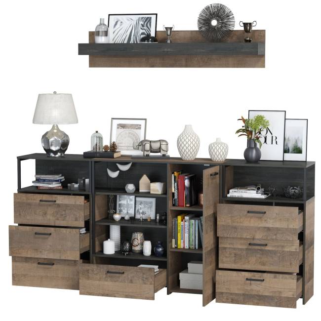Два комода с ящиками с навесной полкой и комод с ящиком и дверкой в гостиную Трувор цвет дуб гранж песочный/интра